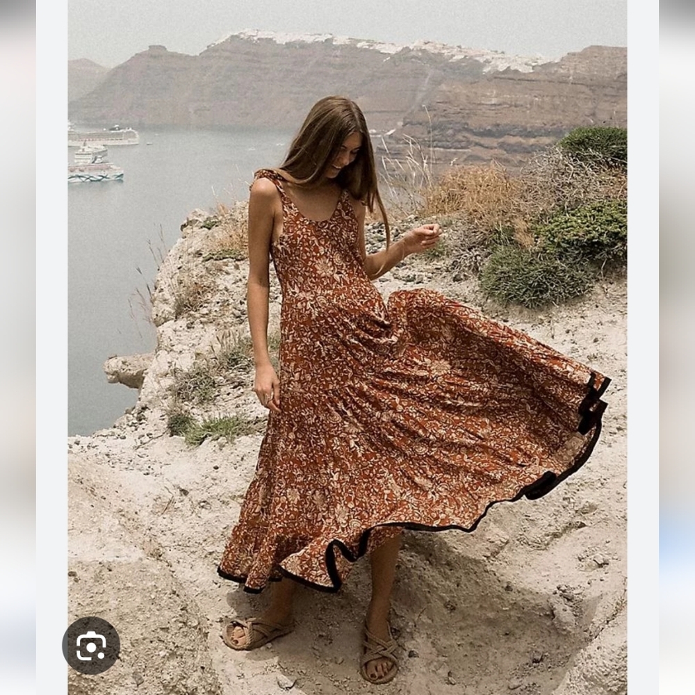 Free People Floral Kika Midi Dress in RED, Brown, and Black XS